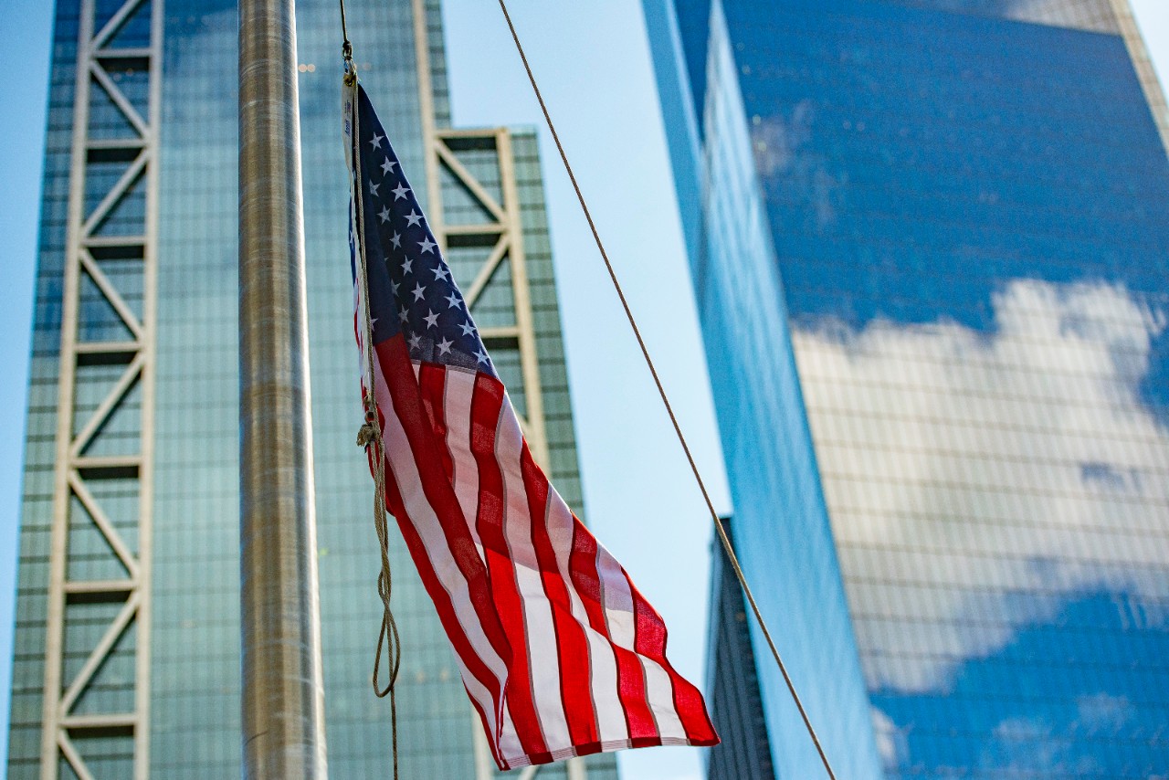 American Flag flying in front of 3 and 4 World Trade Center