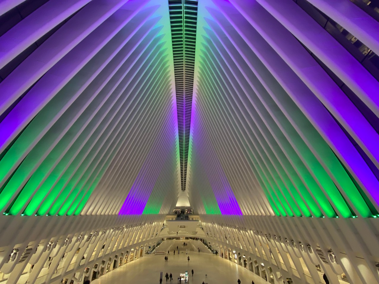 An exterior shot of the Oculus at the World Trade Center showcasing new LED lights